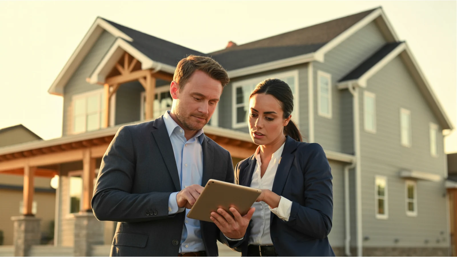 Two REALTORS reviewing plans together in front of a new-construction model home