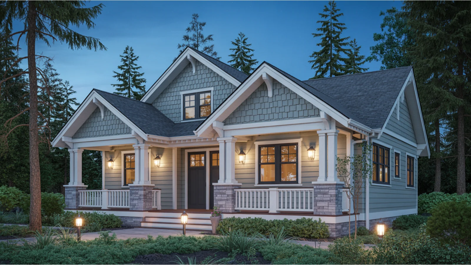 New-build Pacific Northwest home at dusk