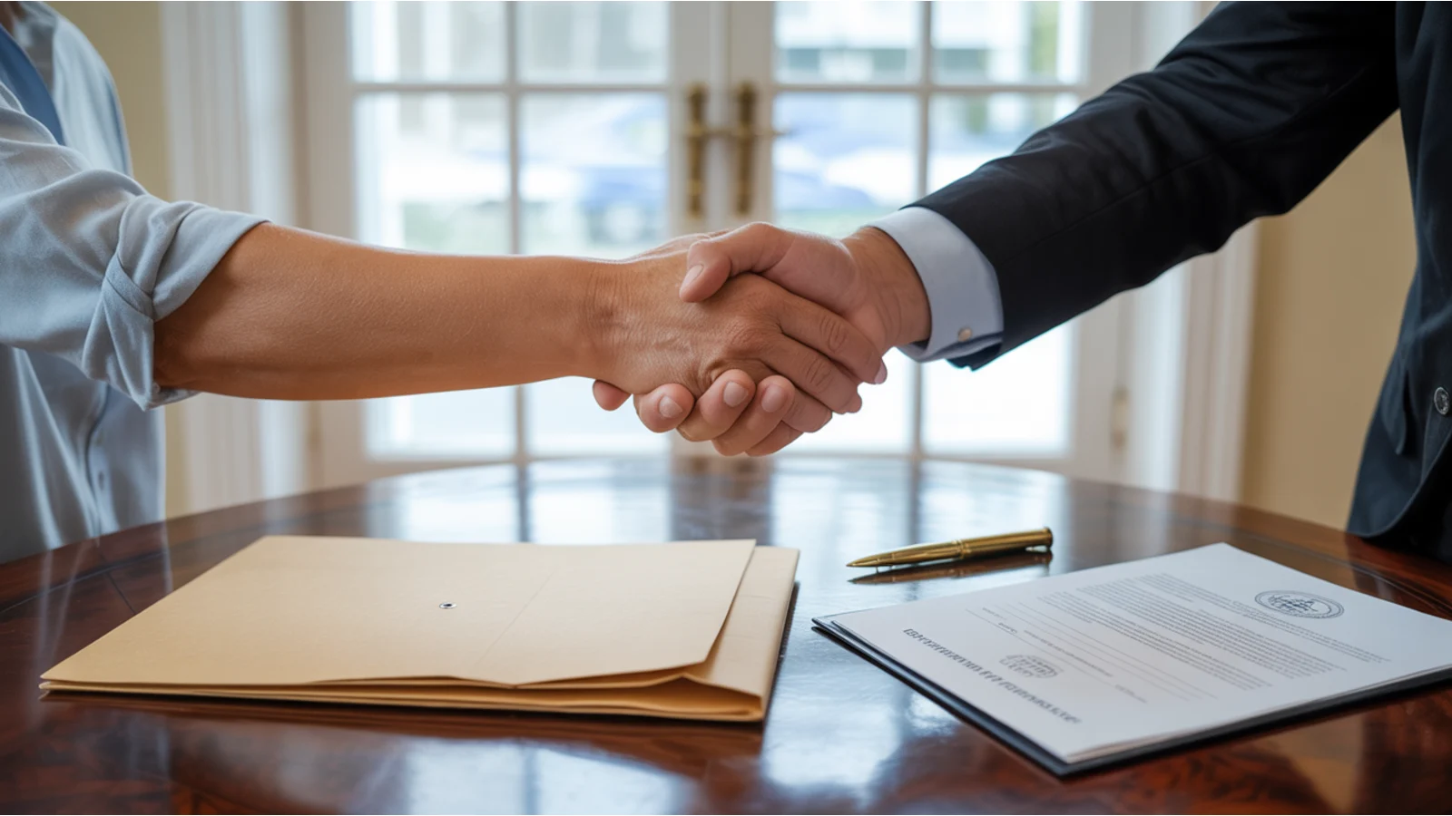 Handshake over a closed file folder on a wood desk