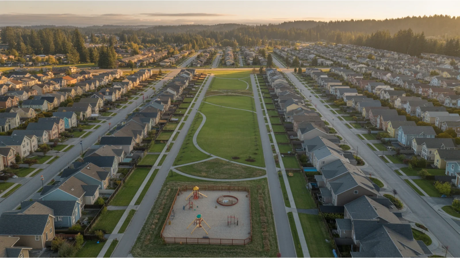 Aerial view of a master-planned community at golden hour