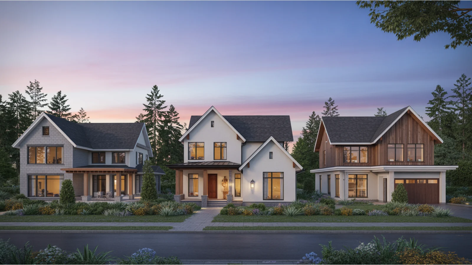 Pacific Northwest new-construction homes at golden hour