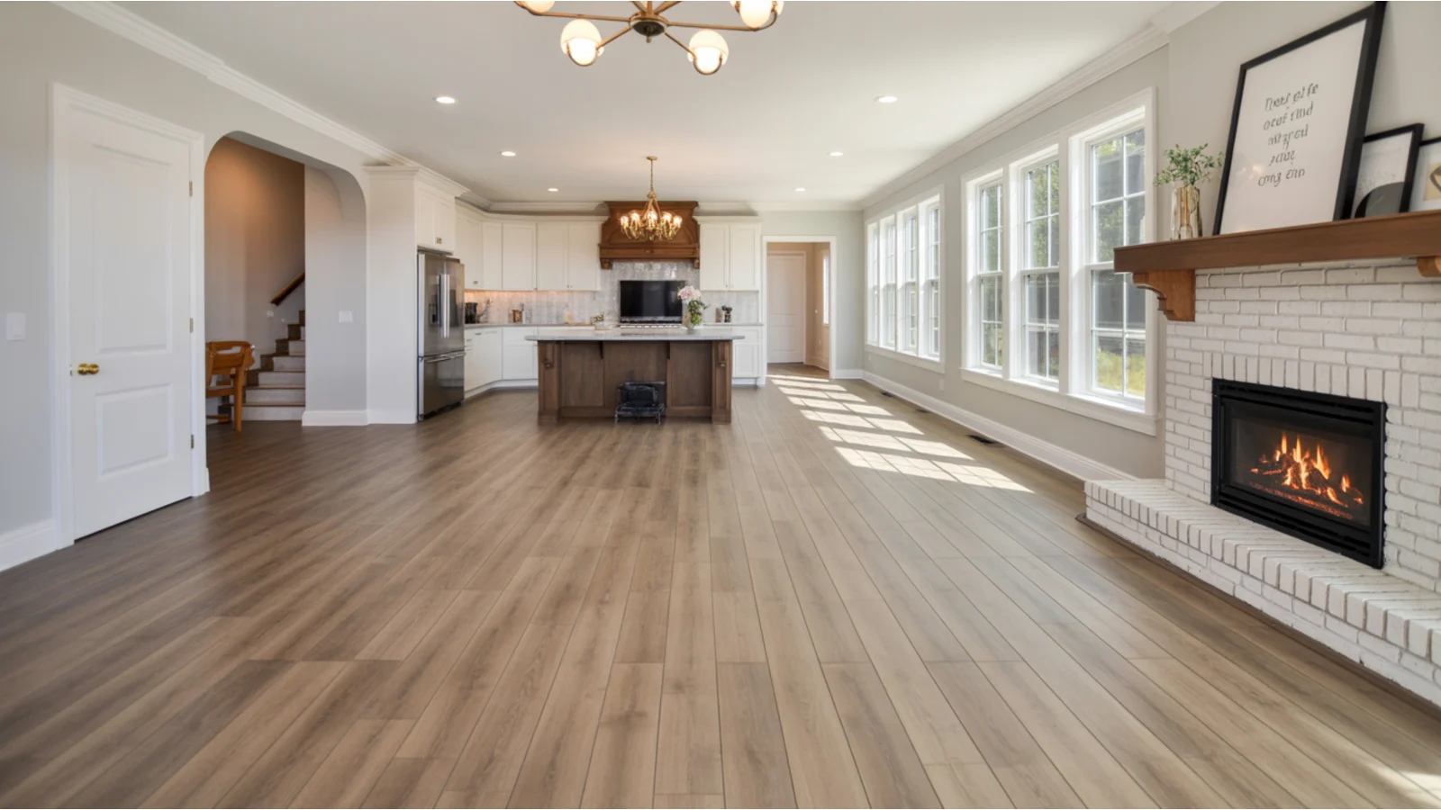Columbia plan interior — open-concept living room with quartz kitchen island and luxury vinyl plank flooring