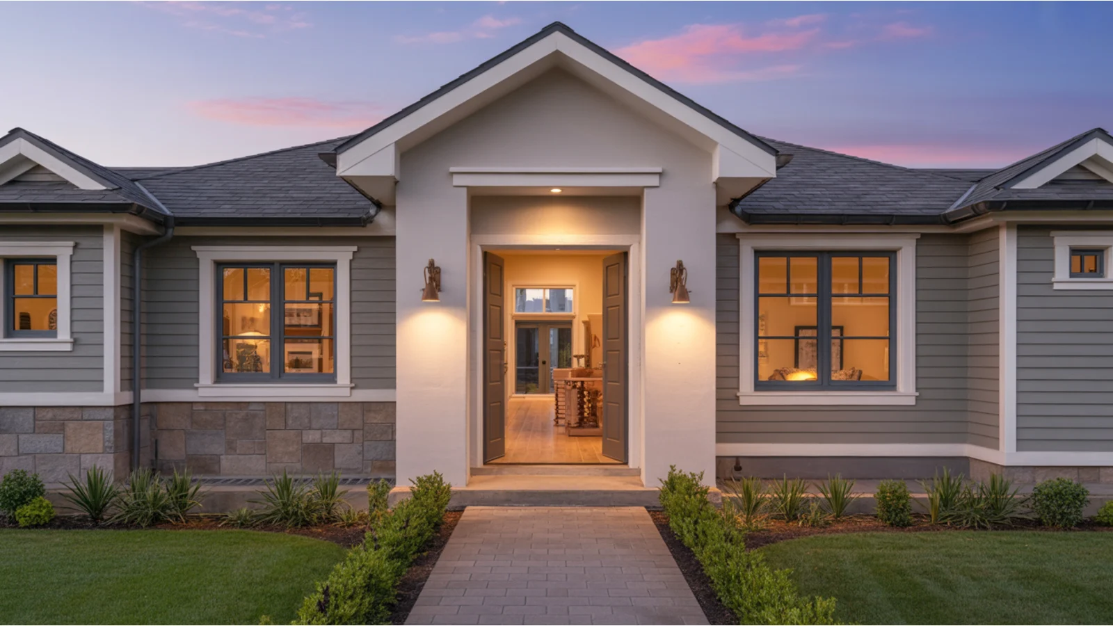 A welcoming new-construction model home entryway at golden hour